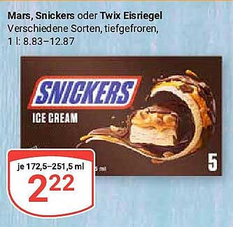 Mars, Snickers oder Twix Eisriegel – verschiedene Sorten, tiefgefroren