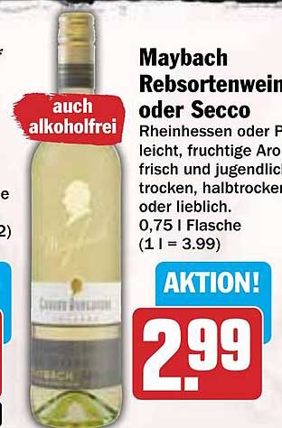 Maybach Rebsortenwein oder Secco 0,75 l - auch alkoholfrei