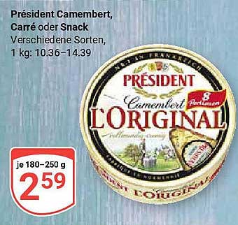Président Camembert, Carré oder Snack, 180-250 g
