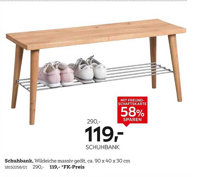 Schuhbank, Wildeiche massiv geölt, ca. 90 x 40 x 30 cm
