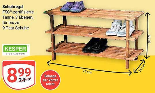Schuhregal FSC®-zertifizierte Tanne, 3 Ebenen, für bis zu 9 Paar Schuhe