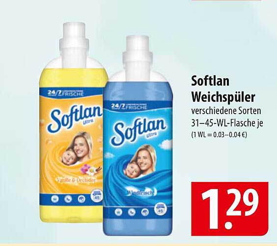 Softlan Weichspüler verschiedene Sorten 31–45-WL-Flasche je
