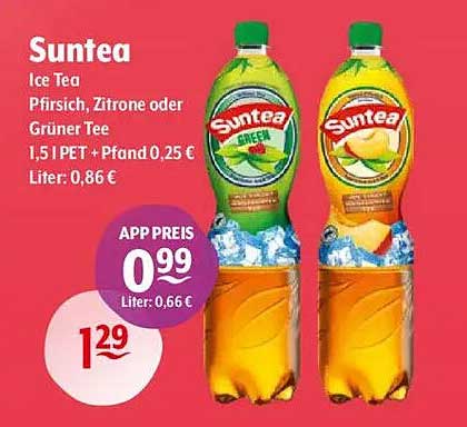 Suntea Ice Tea – Pfirsich, Zitrone oder Grüner Tee 1,5l PET