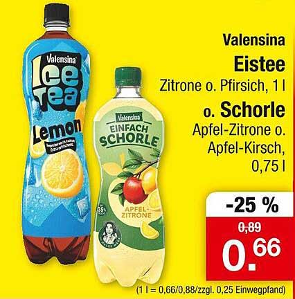 Valensina Eistee Zitrone oder Pfirsich, 1 l oder Einfach Schorle Apfel-Zitrone oder Apfel-Kirsch, 0,75 l