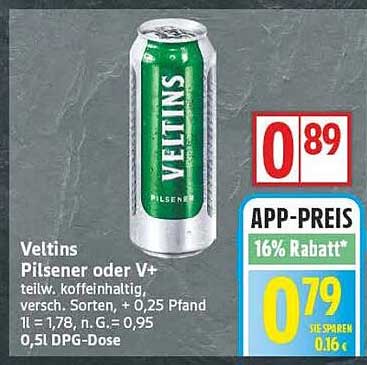 Veltins Pilsener oder V+ 0,5 l Dose - App-Preis 0,79 €