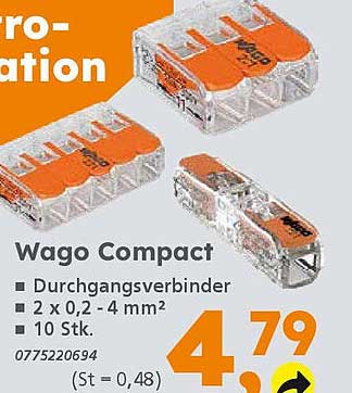Wago Compact Durchgangsverbinder 2 x 0,2 - 4 mm² (10 Stk.)