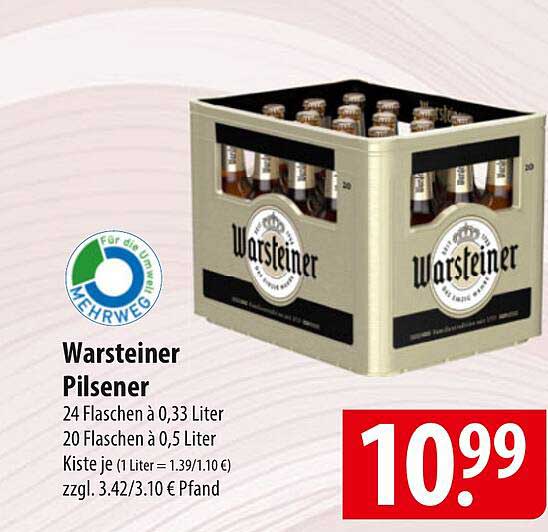Warsteiner Pilsener 24 Flaschen à 0,33 Liter oder 20 Flaschen à 0,5 Liter