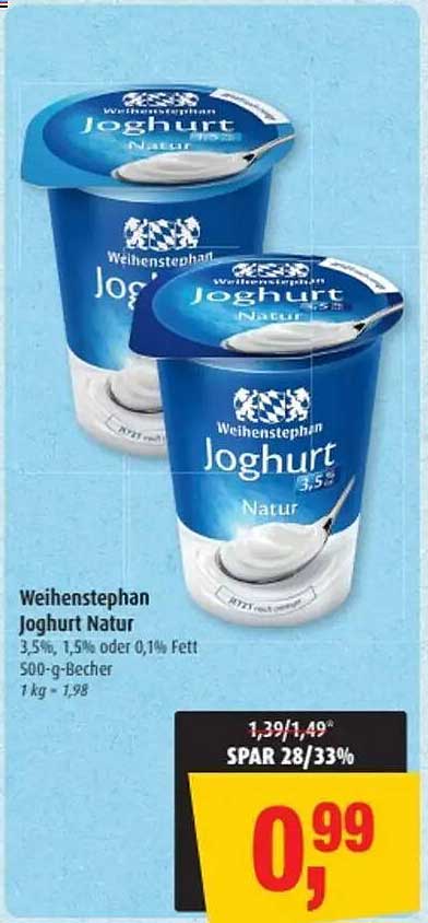 Weihenstephan Joghurt Natur 3,5%, 1,5% oder 0,1% Fett, 500-g-Becher