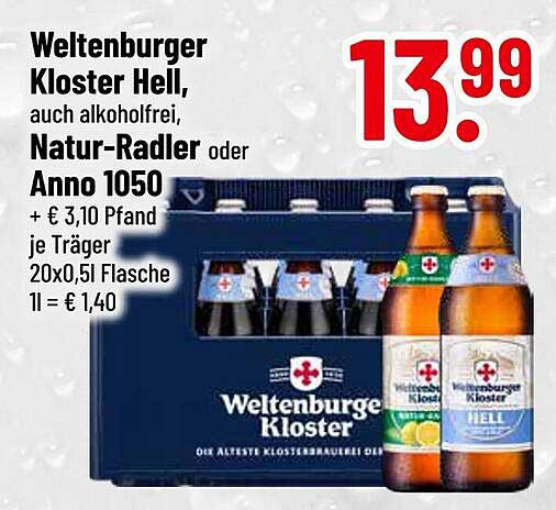Weltenburger Kloster Hell, alkoholfrei und Natur-Radler im Angebot