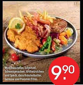 Wirtshaussteller, Schnitzel, Schweinenacken, Grillwürstchen und Speck mit Gemüse und Pommes frites