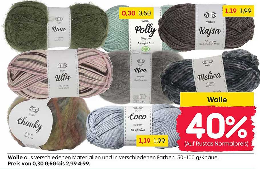 Wolle aus verschiedenen Materialien und in verschiedenen Farben, 50-100 g/Knäuel