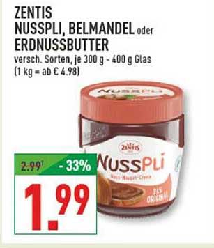Zentis Nusspli, Belmandel oder Erdnussbutter 300 g - 400 g Glas