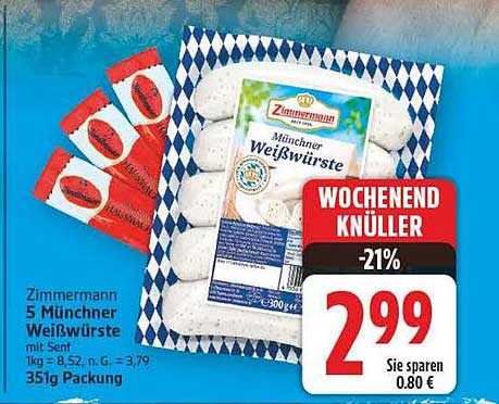 Zimmermann 5 Münchner Weißwürste mit Senf 351g Packung