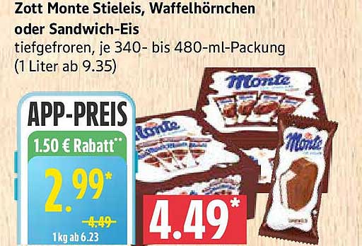 Zott Monte Stieleis, Waffelhörnchen oder Sandwich-Eis