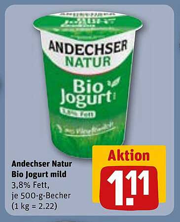 Andechser Natur Bio Jogurt mild 3,8% Fett, je 500-g-Becher