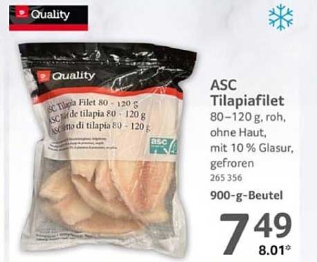 ASC Tilapiafilet 80–120 g, roh, ohne Haut, mit 10 % Glasur, gefroren