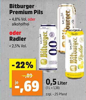 Bitburger Premium Pils oder Radler - 0,5 Liter