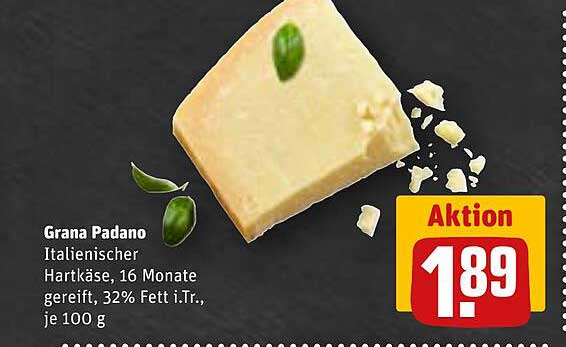 Grana Padano - Italienischer Hartkäse, 16 Monate gereift, 32% Fett i.Tr., je 100 g