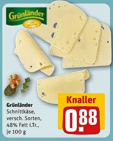Grünländer Schnittkäse, verschieden, 48% Fett i.Tr., je 100 g