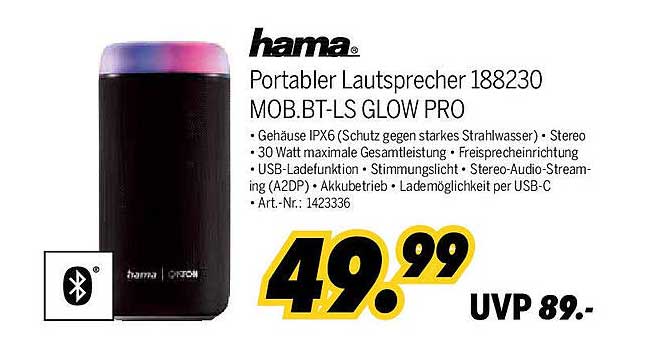 Hama Portabler Lautsprecher 188230 MOB.BT-LS GLOW PRO