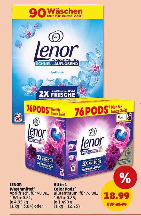 LENOR Waschmittel Aprilfrisch, 90 WL und All in 1 Color Pods Blütentraum, 76 WL