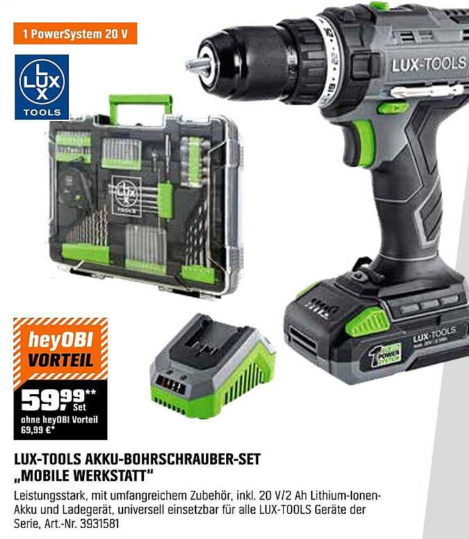 LUX-TOOLS AKKU-BOHRSCHRAUBER-SET „MOBILE WERKSTATT“