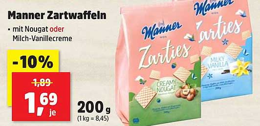 Manner Zartwaffeln mit Nougat oder Milch-Vanillecreme 200 g