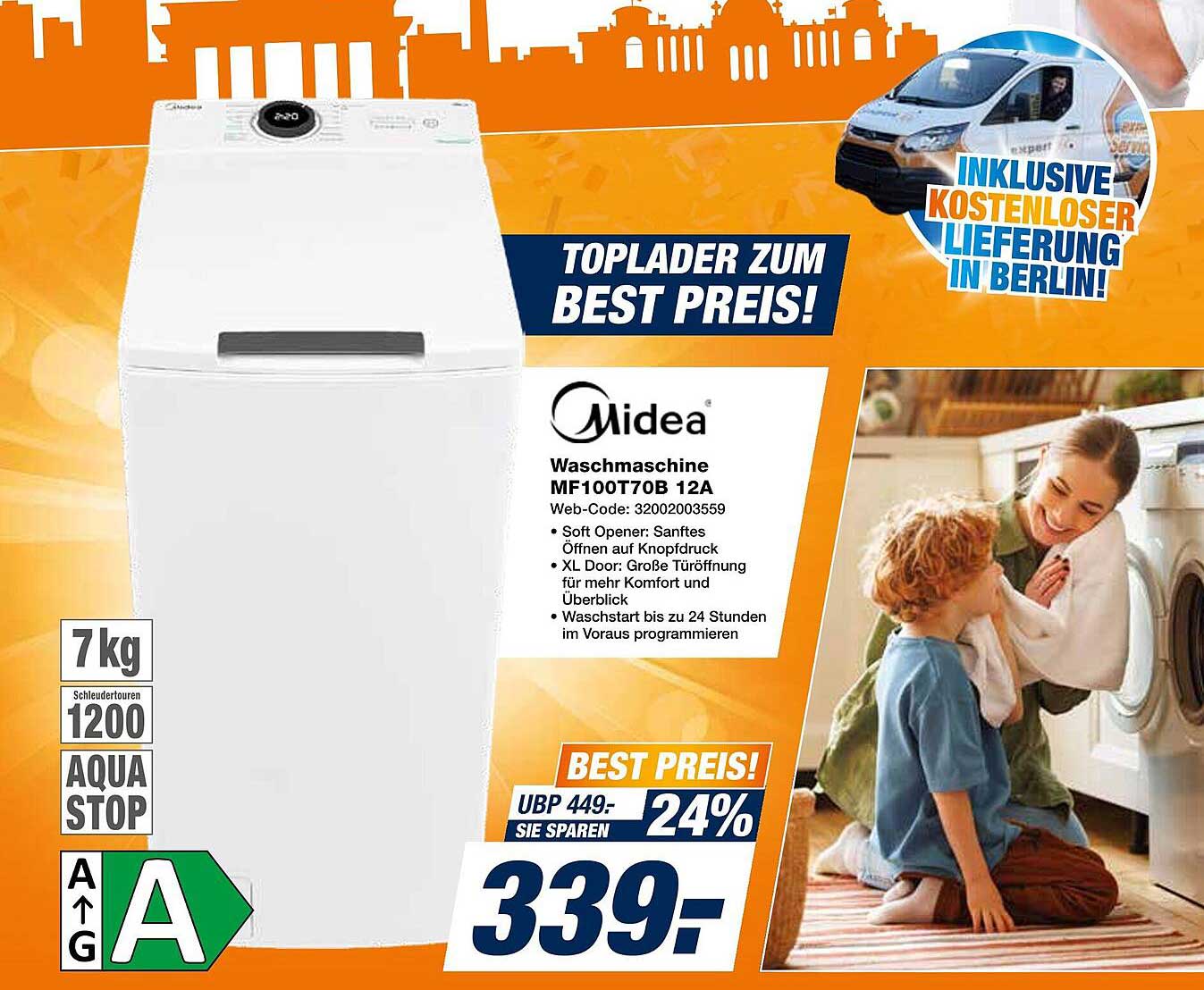Midea Waschmaschine MF100770B 12A – Toplader zum besten Preis!