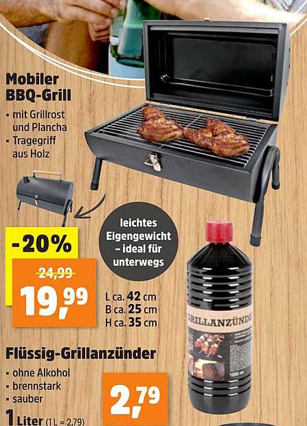 Mobiler BBQ-Grill mit Grillrost und Plancha - Traggriff aus Holz