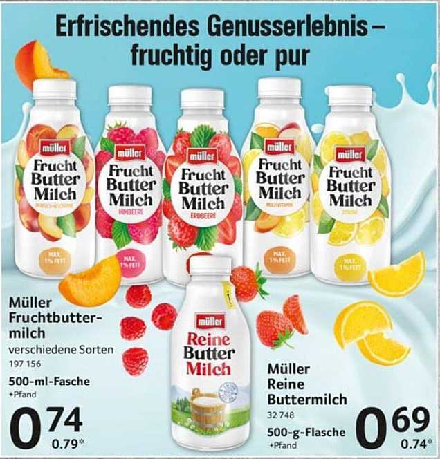 Müller Fruchtbuttermilch und Reine Buttermilch in diversen Sorten