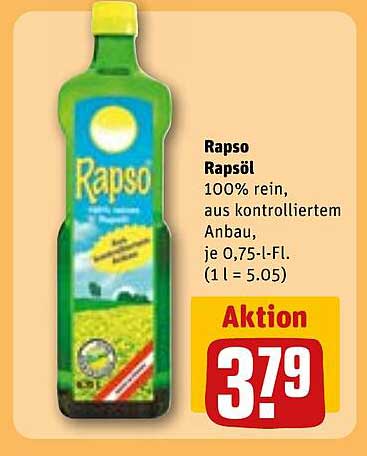 Rapso Rapsöl 100% rein, aus kontrolliertem Anbau, je 0,75-L-Fl.