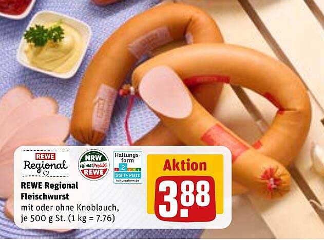 REWE Regional Fleischwurst mit oder ohne Knoblauch, je 500 g St.