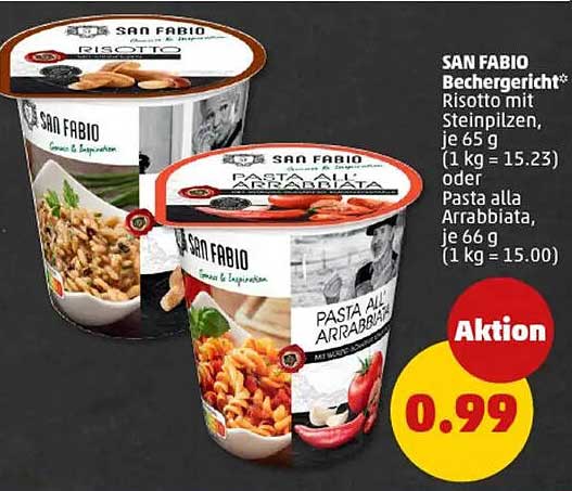 SAN FABIO Bechergericht: Risotto mit Steinpilzen oder Pasta alla Arrabbiata – nur 0,99 €