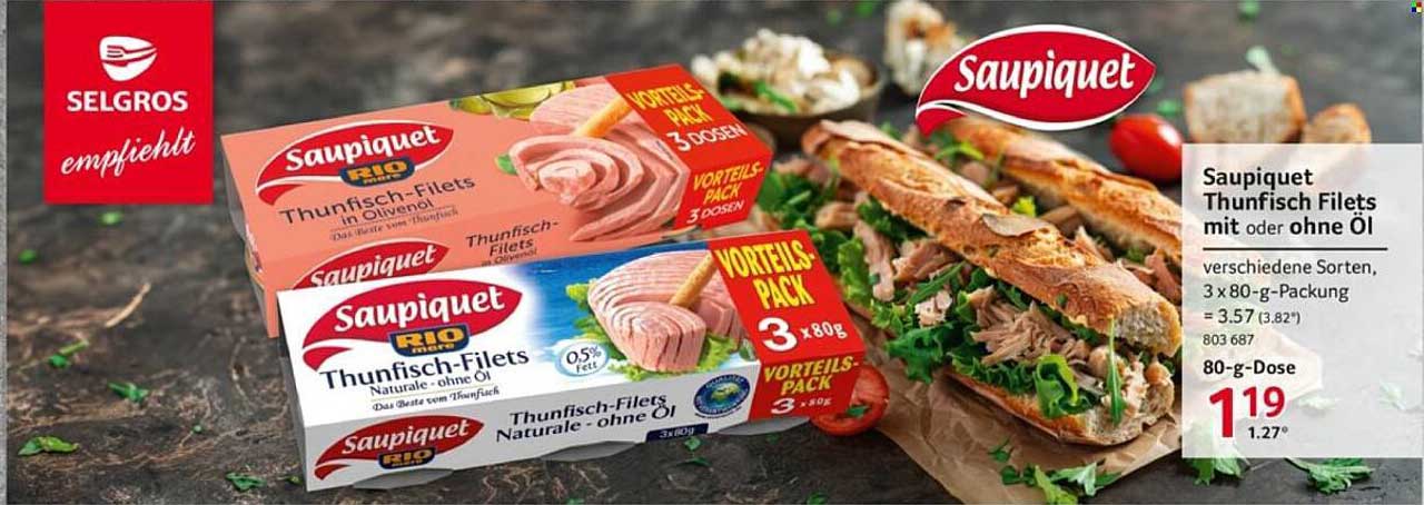 Saupiquet Thunfisch-Filets mit oder ohne Öl, 3 x 80 g