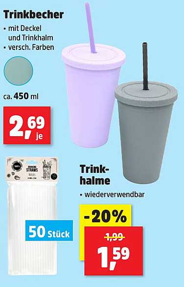 Trinkbecher mit Deckel und Trinkhalm - Verschiedene Farben, ca. 450 ml
