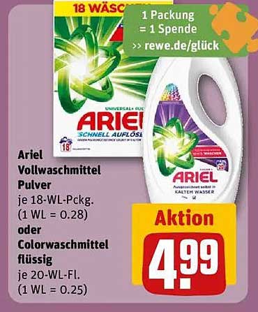 Ariel Vollwaschmittel Pulver 18 WL oder Colorwaschmittel flüssig 20 WL