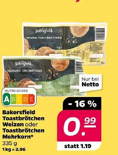 Bakersfield Toastbrötchen Weizen oder Toastbrötchen Mehrkorn