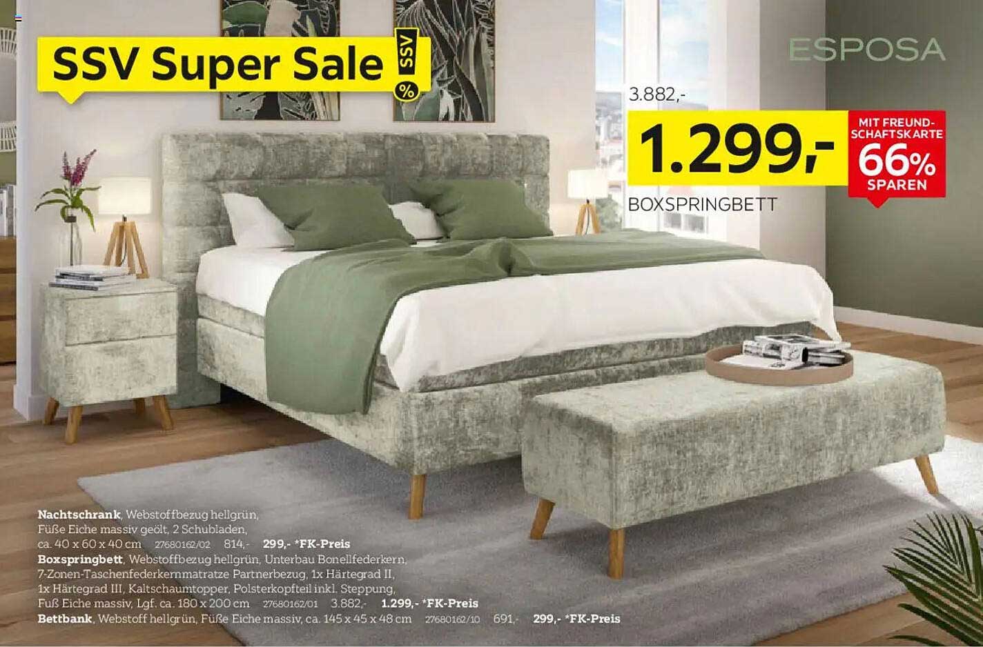 Boxspringbett mit Nachtschrank und Bettbank im SSV Super Sale