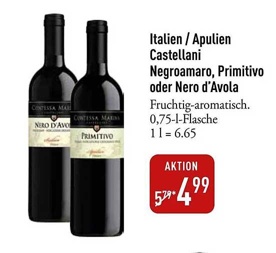 Castellani Negroamaro, Primitivo oder Nero d'Avola - 0,75-l-Flasche