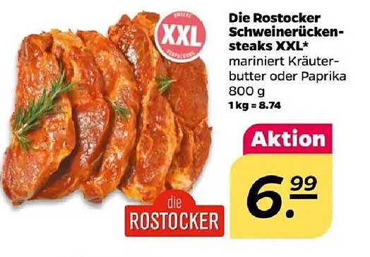 Die Rostocker Schweinerückensteaks XXL, mariniert Kräuterbutter oder Paprika 800 g