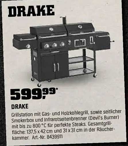 DRAKE Grillstation mit Gas- und Holzkohlegrill