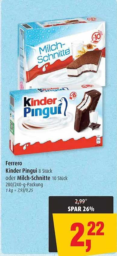 Ferrero Kinder Pingui 8 Stück oder Milch-Schnitte 10 Stück