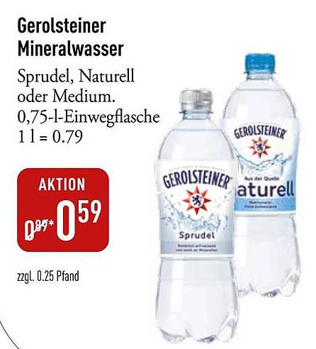 Gerolsteiner Mineralwasser - Sprudel, Naturell oder Medium - 0,75-1-l-Einwegflasche