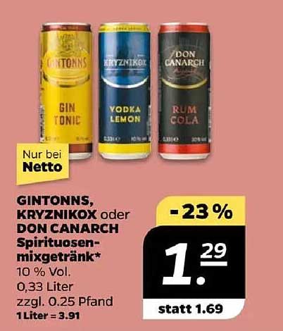GINTONNS, KRYZNIKOX oder DON CANARCH Spirituosen-Mixgetränk