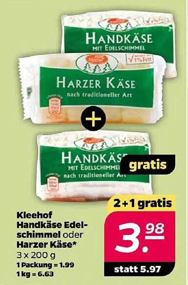 Kleehof Handkäse Edelschimmel oder Harzer Käse - 2 + 1 gratis