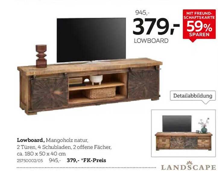 Lowboard, Mangoholz natur, 2 Türen, 4 Schubladen, 2 offene Fächer