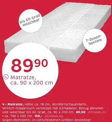 Matratze, ca. 90 x 200 cm, bis 60 Grad waschbar mit 7-Zonen-System