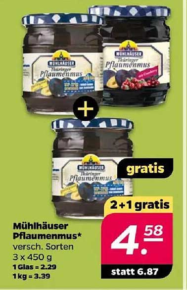 Mühlhäuser Thüringer Pflaumenmus 3 x 450 g - 2+1 gratis