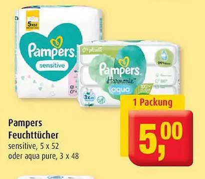 Pampers Feuchttücher - sensitive, 5 x 52 oder aqua pure, 3 x 48