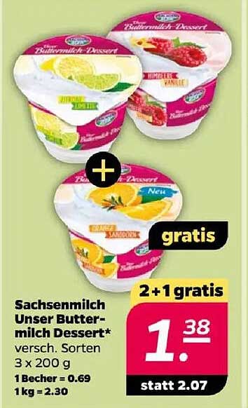 Sachsenmilch Unser Buttermilch Dessert 3 x 200 g - 2+1 gratis!